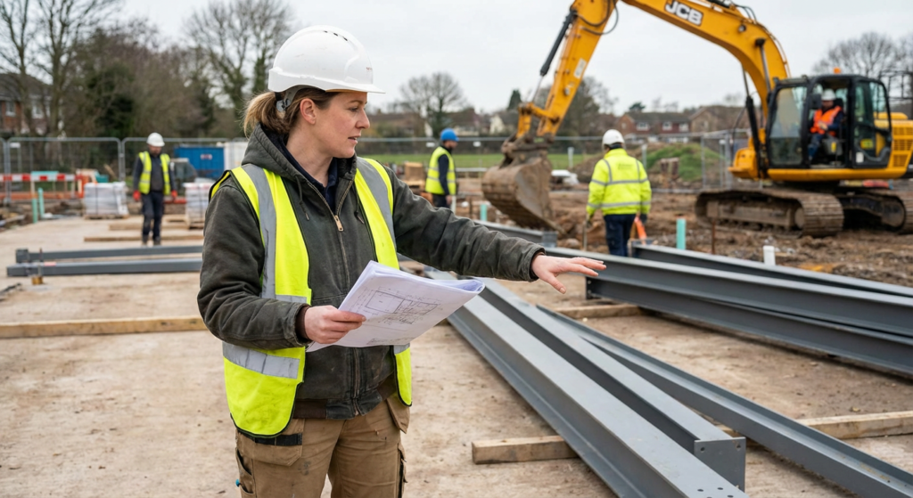 ehituses töötav naine kiiver vest kraana ehitusplats