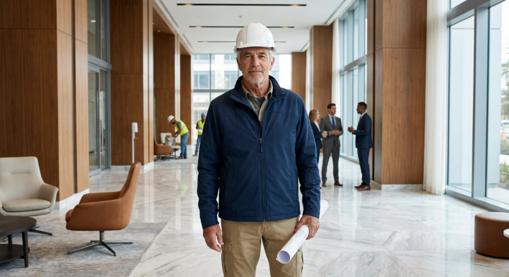 ehituses töötav mees kiiver sinine jakk